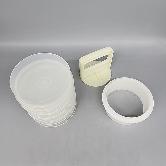 Vtg Tupperware Hamburger Press Maker Ring 6 Patty Keepers No Lid 8 Pieces Sheer - Picture 3 of 3